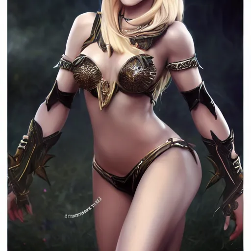 Image similar to Dark Elf, blonde hair, dark fantasy, feminine figure, gorgeous, pretty face, beautiful body, revealing outfit, high detail, realistic, cgsociety, artgerm, trending on artstation