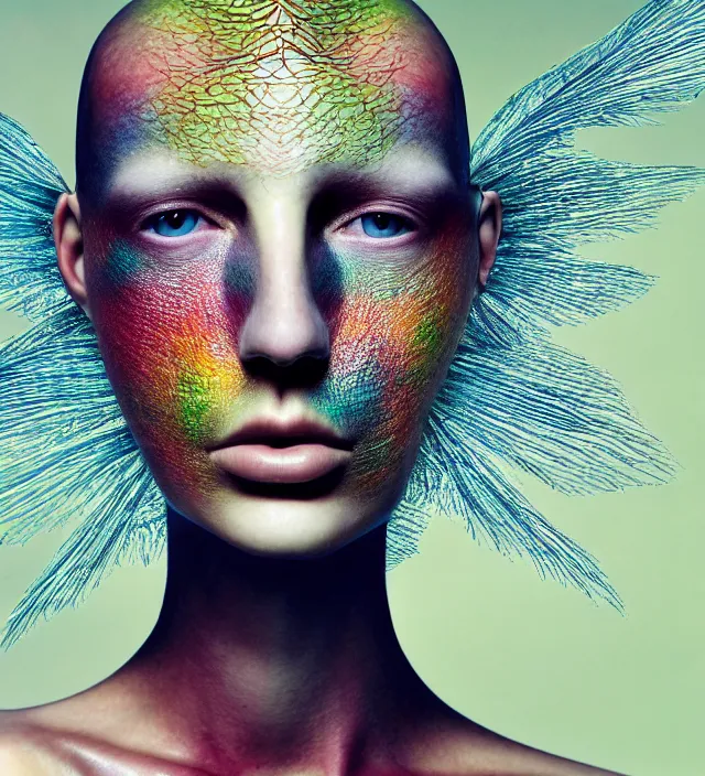 Image similar to photography facial portrait of female fashion model, wearing organic futurist clothed designed by iris van herpen, with a subtle colorfull - makeup. sky forest background, natural pose, highly detailed, skin grain detail, photography by paolo roversi, nick knight, helmut newton, avedon, araki