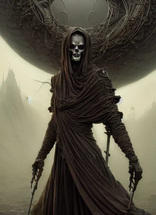 Image similar to closeup portrait shot of a grim reaper in a scenic dystopian environment, intricate, elegant, highly detailed, centered, digital painting, artstation, concept art, smooth, sharp focus, illustration, artgerm, tomasz alen kopera, peter mohrbacher, donato giancola, joseph christian leyendecker, wlop, boris vallejo