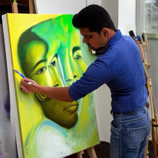 Image similar to A young male Latino artist painting a plain green picture on canvas