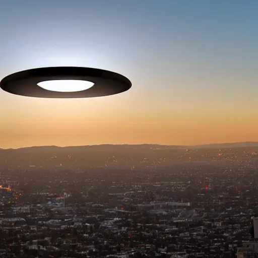 Image similar to actual photograph of UFO hovering over LA, award winning, golden hour,