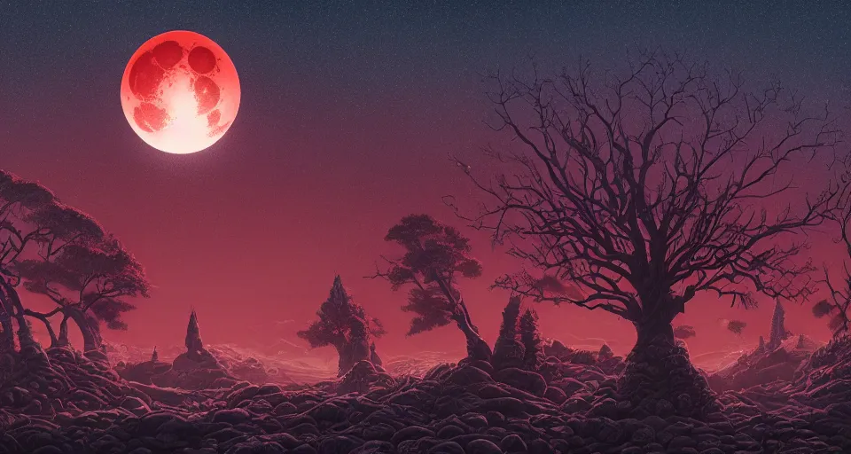 Image similar to An intricate hyperrealistic matte painting the blood moon, by Dan Mumford and Mœbius and Amir Zand, unreal engine, circular, spherical, trending on artstation, tree, detailed, red