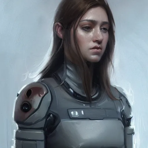 Image similar to Portrait of a woman by Greg Rutkowski, she is about 20 years old, round face, mixture turkish and russian, dark blonde hair with two strands around her face, attractive, sad and melancholy gaze, she is wearing a futuristic tactical space suit, highly detailed portrait, scifi, digital painting, artstation, concept art, smooth, sharp foccus ilustration, Artstation HQ.