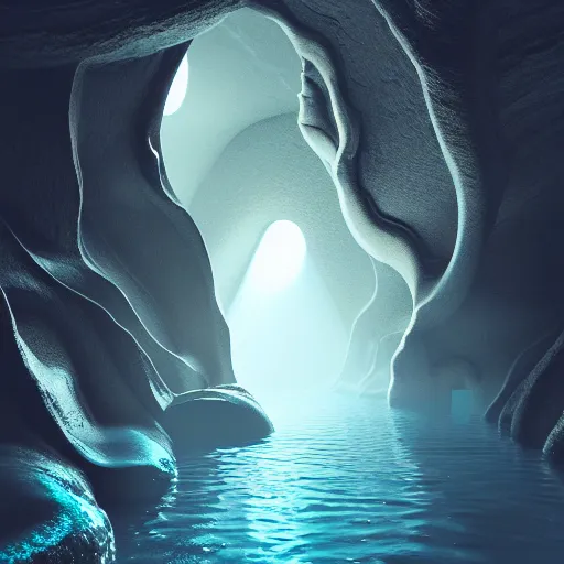 Prompt: light is mine to travel,beyond time ,the cathedrals in a underground vast cave canyon grotto of life the beginning , geological strata,ground mist, falling water,deep clear pools of water, hypermaximalist,micro details, 3d sculpture,,digital rendering,octane render , 4k, artstation, concept art ,amazing lighting, f32,deep depth of field,photographic, wide angle,cinematic lighting