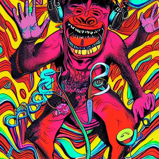 Image similar to artgerm, psychedelic laughing demon, rocking out, headphones dj rave, digital artwork, r. crumb, svg vector