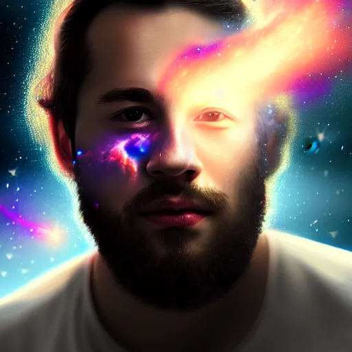 Prompt: an ultrarealistic portrait of a man with space nebulaes replacing his face trending on artstation and cgsociety made by hubble