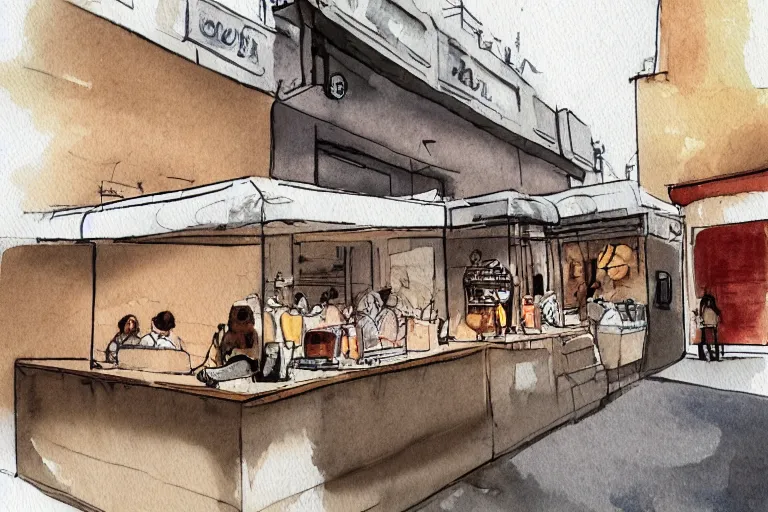 Prompt: a coffee shop watercolor pen by santiago fuentes trending on artstation