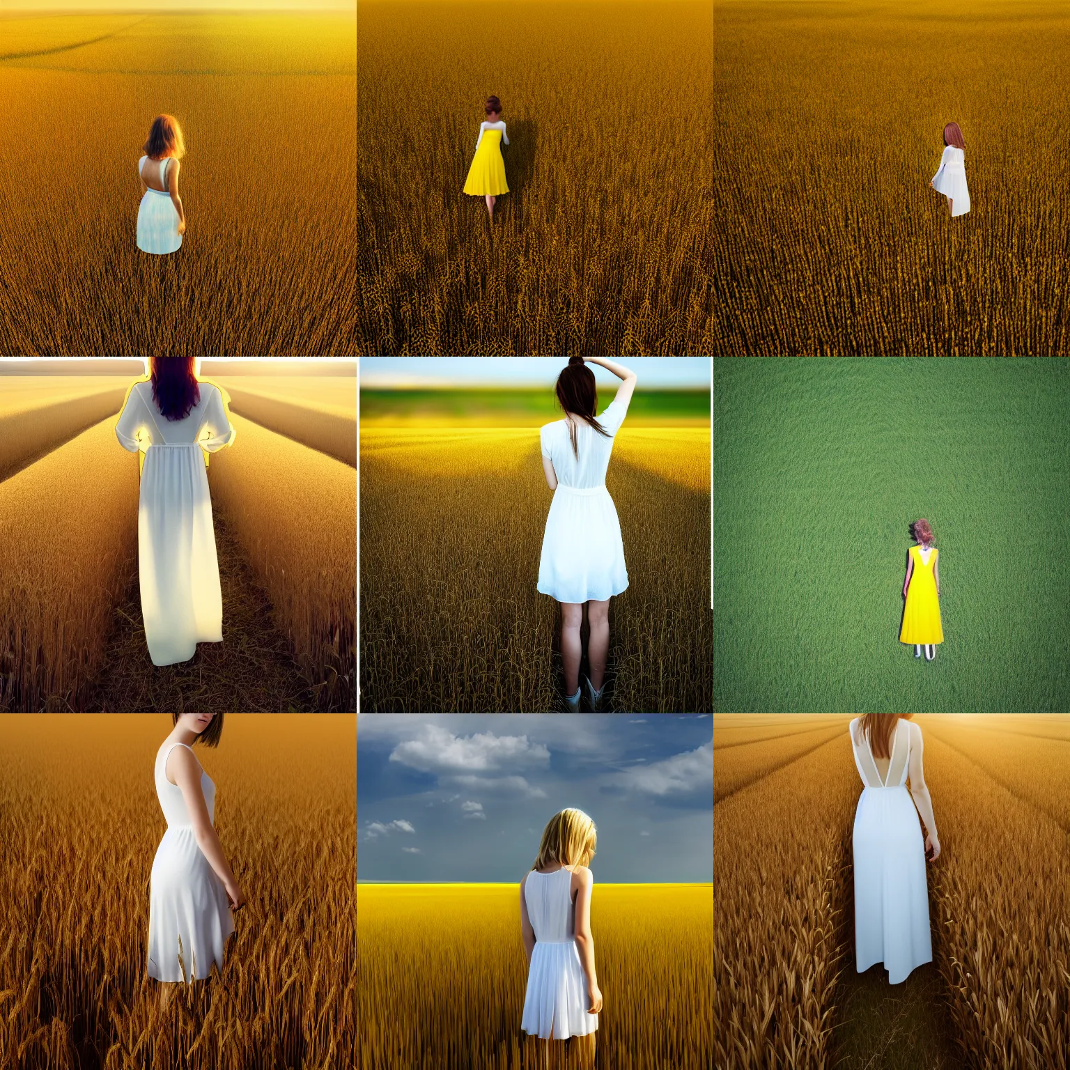 Prompt: aerial shot, a beautiful photo of a petite girl in a very wide transparent thin light white dress standing on a bright yellow rye field, photo from the back, 135mm, trending on artstation, hyper detailed, hyper realistic, chrome accents