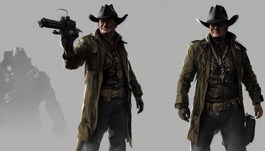 Prompt: John Wayne as a bounty hunter in trench coat, hyperdetailed, artstation, cgsociety, 8k