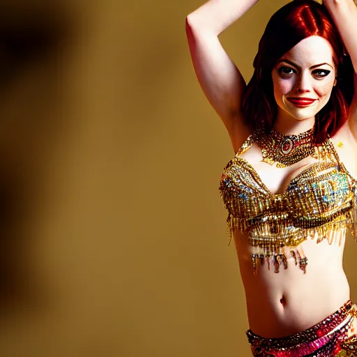 Image similar to a portrait of emma stone dressed as a belly dancer, arabian night, high quality, fully detailed, 4 k, in focus face with fine details, realistic hand details and anatomy