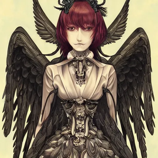 Image similar to anime manga skull portrait young woman with wings, angel halo, skeleton, intricate, elegant, highly detailed, digital art, ffffound, art by JC Leyendecker and sachin teng