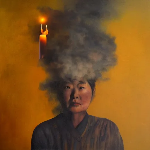 Prompt: oil painting, ying yong, spirit out of smoke big candle, deep photo, high resolution, art contemporary