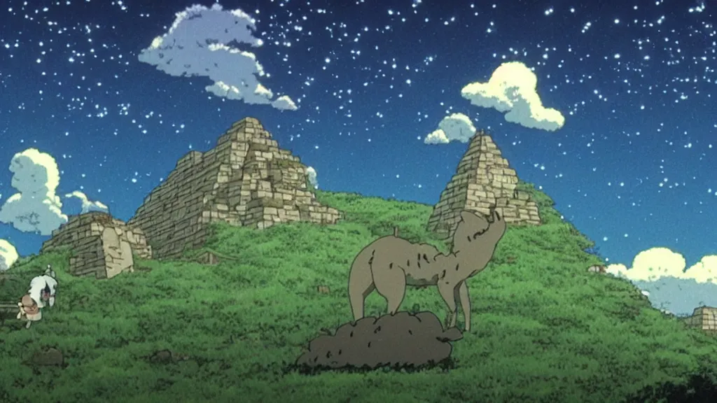 Image similar to a movie still from a studio ghibli film showing a lovecraftian alpaca from howl's moving castle ( 2 0 0 4 ). a pyramid is under construction in the background, in the rainforest on a misty and starry night. a ufo is in the sky. by studio ghibli