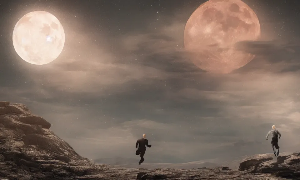 Image similar to a lonely man was running alone beneath the gaint moon,featured in artstation, cinematic, elegant, 8k