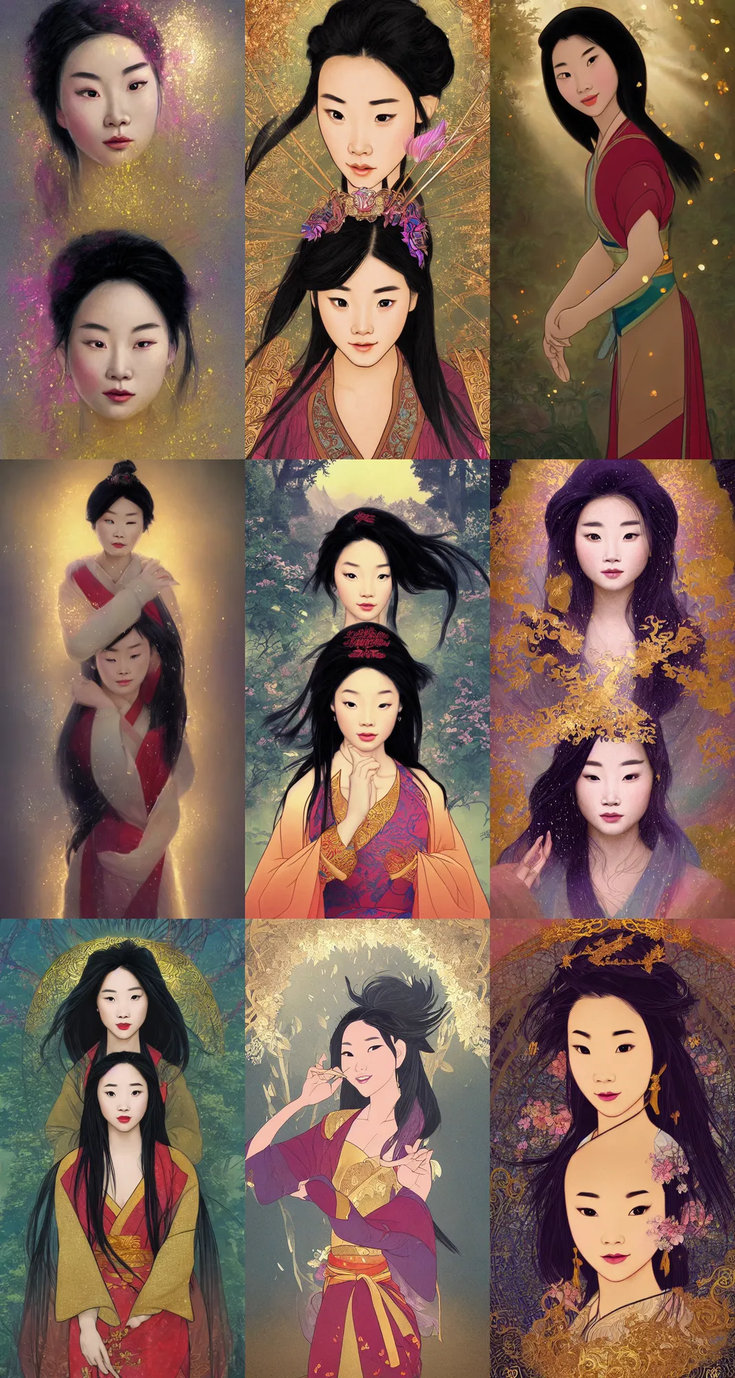 Prompt: Realistic portrait of Mulan from Disney's Mulan, mystical forest lagoon, glowing glittery dust in the air, twilight, sunset, gloomy, eerie atmosphere, dynamic pose, ornate attire, intricate gold and crystal jewelry, diaphanous iridescent cloth, cinematic lighting, god rays, volumetric fog, bloom, by Alphonse Mucha, by Bouguereau, by Rubens, by Luis Ricardo Falero, fantasy, portfolio illustration, highly detailed, trending on Artstation, CGsociety, HQ, 8k, 35mm lens, f2.8, Bokeh,