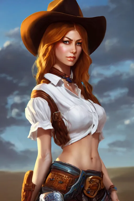 Image similar to full body, female cowgirl, perfect face, white blouse, 8 k, magic the gathering, desert, d & d, artstation, high detail, smooth, muscular