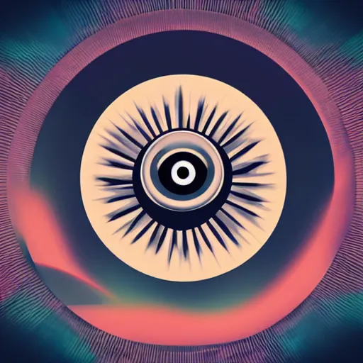 Prompt: logo of eye as the horizon, overlooking a city!!!!, symmetrical, washed out color, centered, art deco, 1 9 5 0's futuristic, glowing highlights, peaceful
