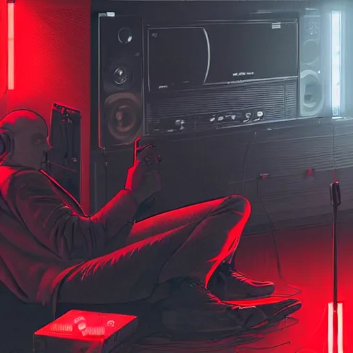 Image similar to agent 4 7 laying down listening to music in front of large stereo speakers surrounded by cables, black background, red rim light, highly detailed, smooth, sharp focus, art by maciej kuciara