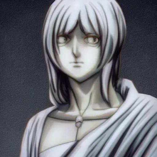 Image similar to “Marble statue of Mikasa Ackerman where she is feeling lost and distressed, Artstation, Deviantart, Mappa, Overlord, Greek museum style marble statue”