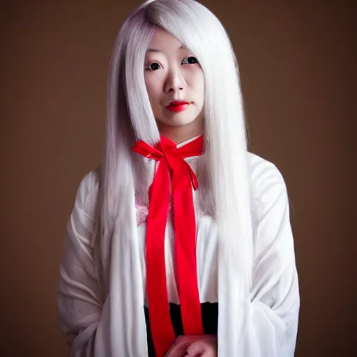 Prompt: Portrait of a japanese young lady with a long white!!!!!!! long white hair (and a red ribbon), Rim Lighting, Lantern, Award Winning photo