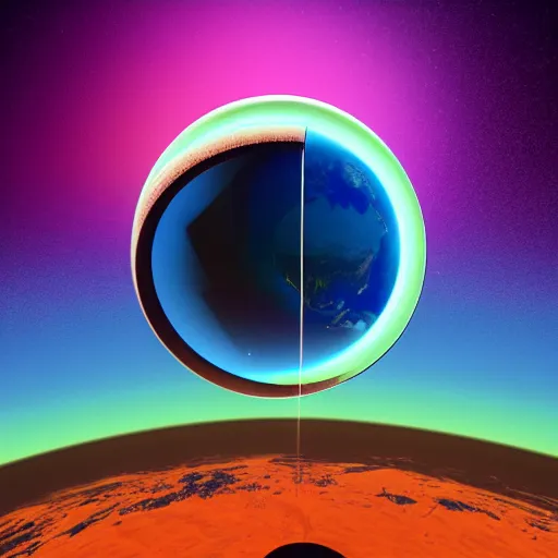 Image similar to a window with a view of the earth through it, a computer rendering by mike beeple winkelmann, behance contest winner, cubo - futurism, retrowave, synthwave, rendered in cinema 4 d