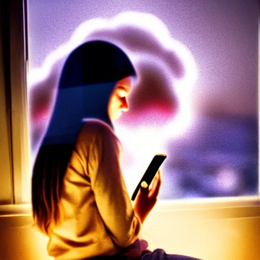 Prompt: teenage girl sitting at bedroom window staring down at her phone, a mushroom cloud outside lights the side of her face, intimate, dark, surreal photography