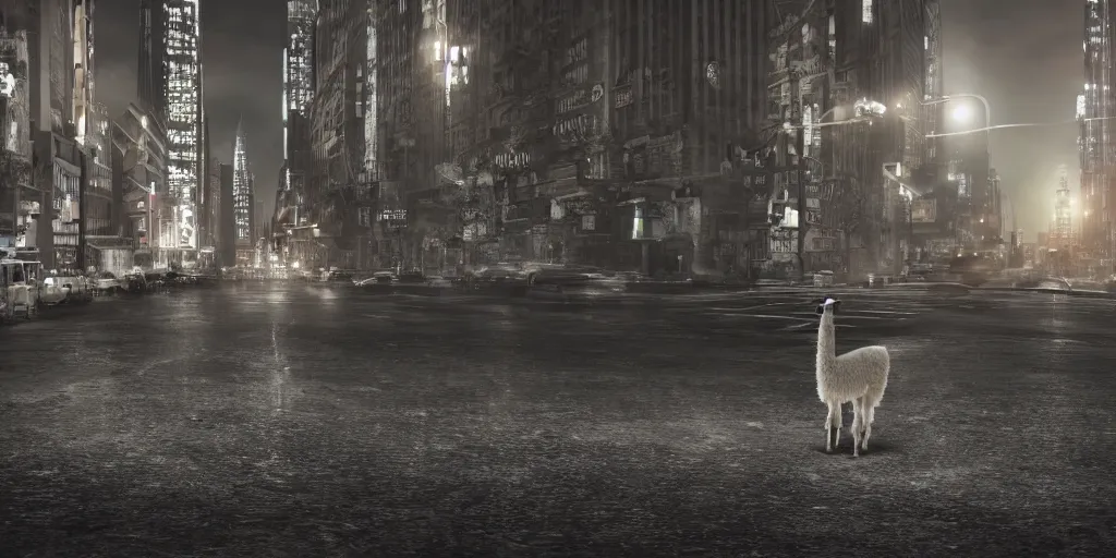 Image similar to a llama walking through a desolate manhattan city street at night, statue of liberty seen in the background, realistic 4 k octane beautifully detailed render, 4 k post - processing, highly detailed, intricate complexity, epic composition, magical atmosphere, cinematic lighting, masterpiece, ultra hd