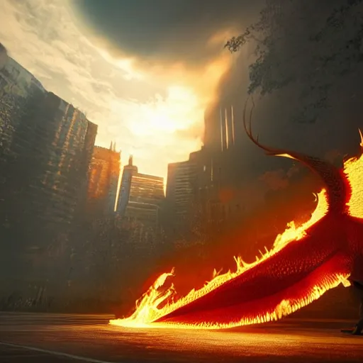 Image similar to you won't believe it, i just saw a huge on fire dragon that is seen guarding the sun infront of it, it is very huge, modernism, digital art, fantasy art, trending on artstation, octane render, 3 d, volumetric lightening, lossless quality