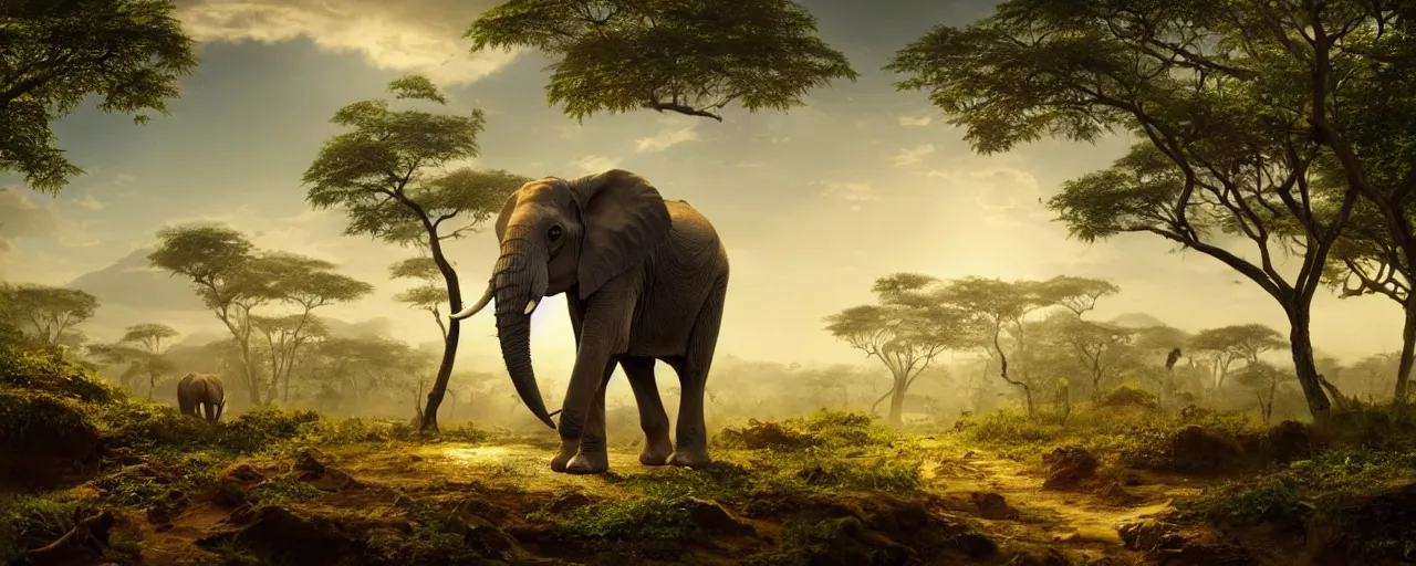 Prompt: baby African elephant standing up in the jungle, beautiful dynamic lighting, cinematic, wide angle establishing shot, extremely high detail, photo realistic, cinematic lighting, post processed, concept art, artstation, matte painting, style by frederic church, raphael lacoste, unreal engine 8k