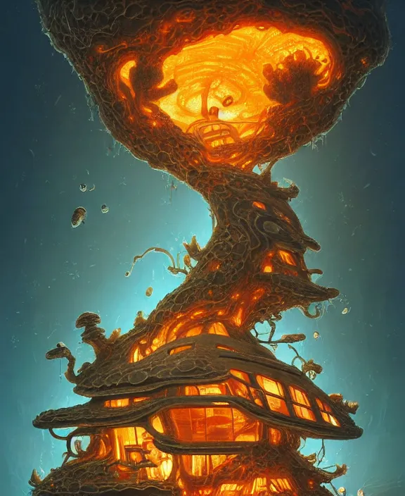 Prompt: an elegant dollhouse made out of exotic fungus, overgrown with shiny blobs, spaceship, sci - fi, robots, sleek, partly cloudy, hell, fire, brimstone, lava, by dan mumford, yusuke murata, makoto shinkai, ross tran, cinematic, unreal engine, cel shaded, featured on artstation, pixiv