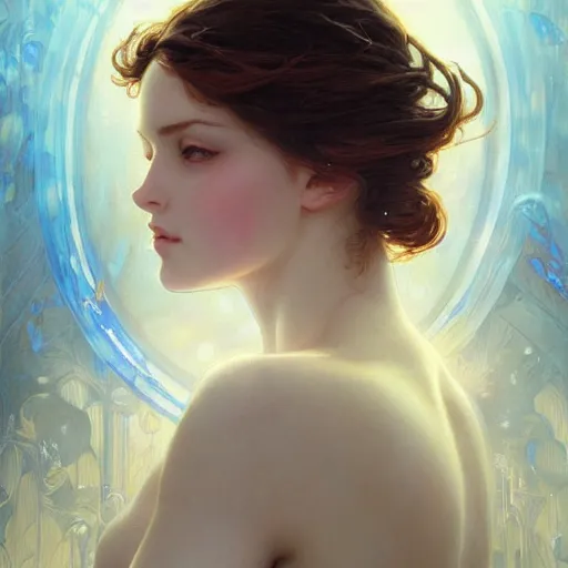 Image similar to portrait of astonishingly beautiful girl, blue eyes, face, fantasy, intricate, elegant, highly detailed, digital painting, artstation, concept art, smooth, sharp focus, illustration, art by artgerm and greg rutkowski and alphonse mucha