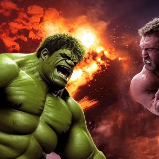 Image similar to hulk fighting juggernaut cain marko in an epic action scene, jumping, fists, explosive, marvel cinematic universe, photo realistic, super high resolution, shocking lights