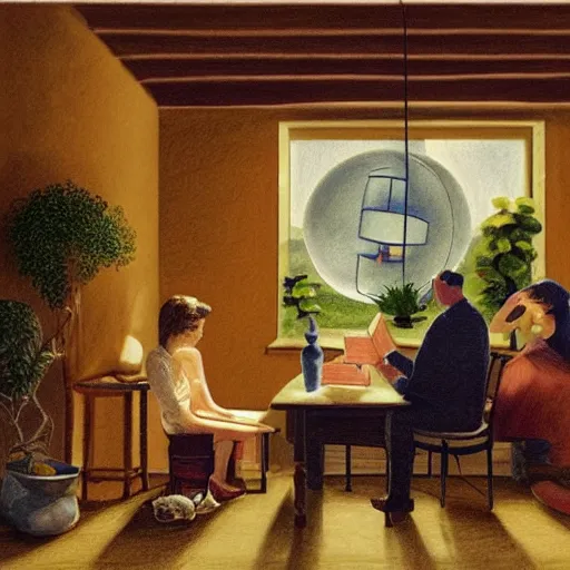 Prompt: A beautiful drawing of a man and a woman sitting in a room. The woman is reading a book while the man is writing at a desk. The light from the window illuminates the room and the couple. The couple is surrounded by a few items in the room, including a globe and a few potted plants. fluorescent orange by Albert Lynch, by Shinji Aramaki, by Quint Buchholz distorted, rigorous