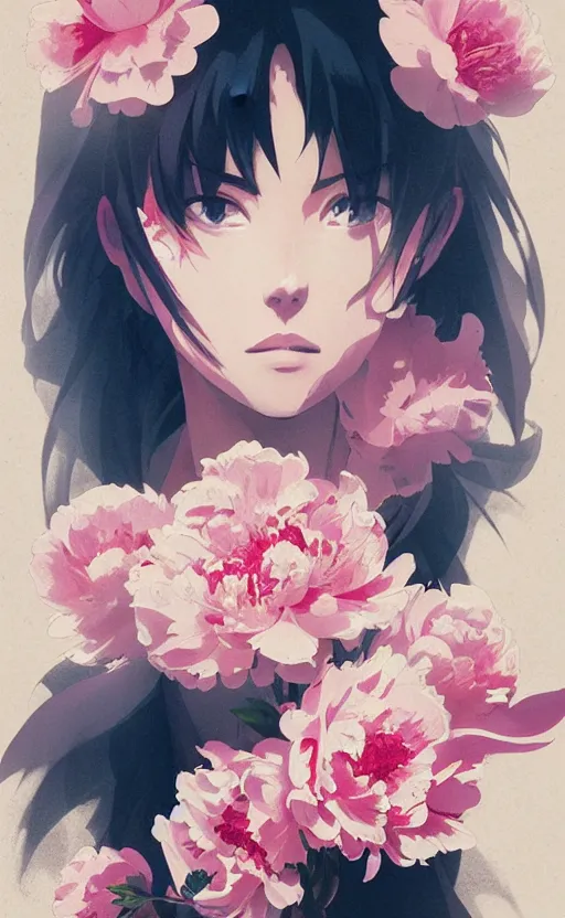 Image similar to bestselling movie poster, official media,a cinematic beautiful closeup moment of saying goodbye with peonies, simple form, brutal shapes, shaman, pixiv, 1970s fashion, official anime media, cinematic lighting, artwork by doja cat, charlie bowater, waterhouse, ,greg rutkowski, wong kar wai