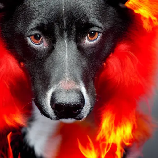 Prompt: ultra detailed photo of a dog with red flaming fur