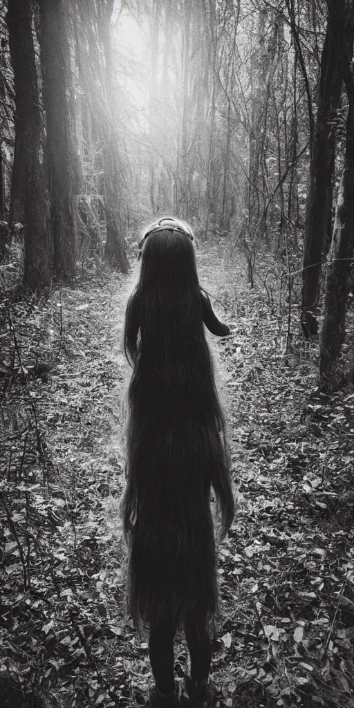 Image similar to found photo of a young witch girl with long hair walking away from the camera in a forest, magical dark and spooky, flash photography