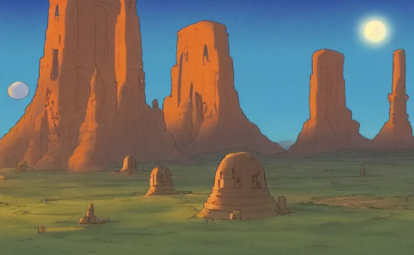 Image similar to a cell - shaded studio ghibli concept art from paprika ( 2 0 0 6 ) of a ufo from independence day ( 1 9 9 6 ) is shining a spotlight on a lush temple that looks like monument valley stonehenge jungle on a misty starry night. a giant camel is in the foreground. very dull colors, hd, 4 k, hq