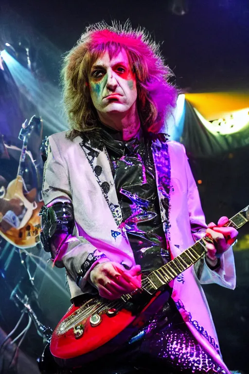 Prompt: saul goodman in a rock band, glam rock makeup, shredding playing guitar, hd image, on stage