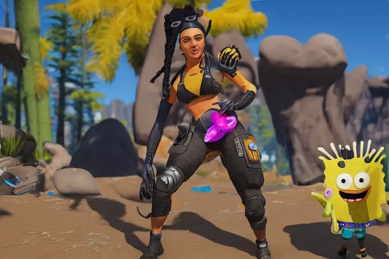Image similar to loba from apex legends with spongebob in bikini bottom. ingame screenshot, high detail