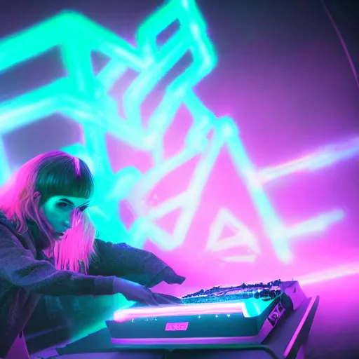 Image similar to grimes on stage djing, volumetric neon lights in the background, gleaming, 3 5 mm photography, portrait!!!!!!, trending on artstation, 4 k, 8 k, zbrush, mannerism