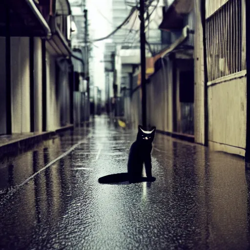 Image similar to a rainy cyuberpunk neo tokyo alley with a black cat sleeping on a piece of cardboard on the floor, photo, 4 k