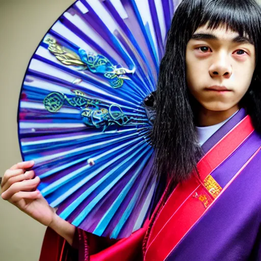 Image similar to teenager boy with straight indigo hair, purple eyes with red eye markers, slim body, wearing a detailed Japanese kimono, holding a japanese fan, Super-Resolution, HSL, 2-bit, VR, Uniform, Nano, Senary, RTX, insanely detailed and intricate, hypermaximalist, elegant, ornate, hyper realistic, super detailed, full body, full body shot, full image