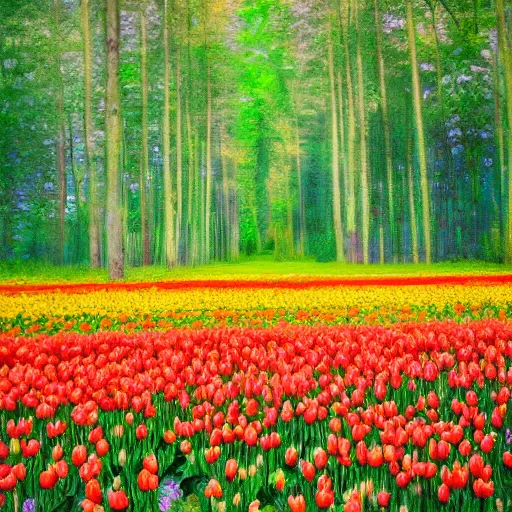 Image similar to Wild tulips in a natural forest in monet style