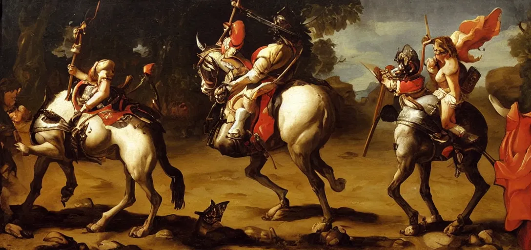 Prompt: baroque oil painting of female orc grabbing a young knight on horseback d & d, caravvagio, vibrant, high contrast