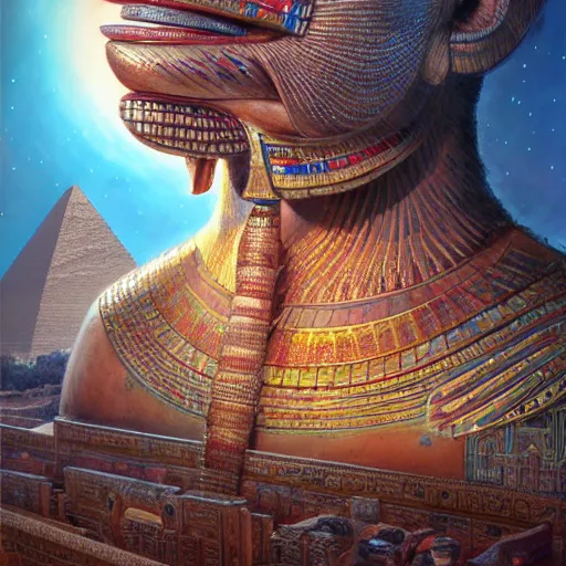 Image similar to detailed image of the god egyptian god thoth, insanely detailed oil painting, with insects and crystals deflecting light, cinematic lighting, epic composition, hyper realistic, extreme detail, esoteric symbolism, ultra high quality, 3 d render, 8 k, by tyler edlin, nasto hattori, simon stalenhag, rhads