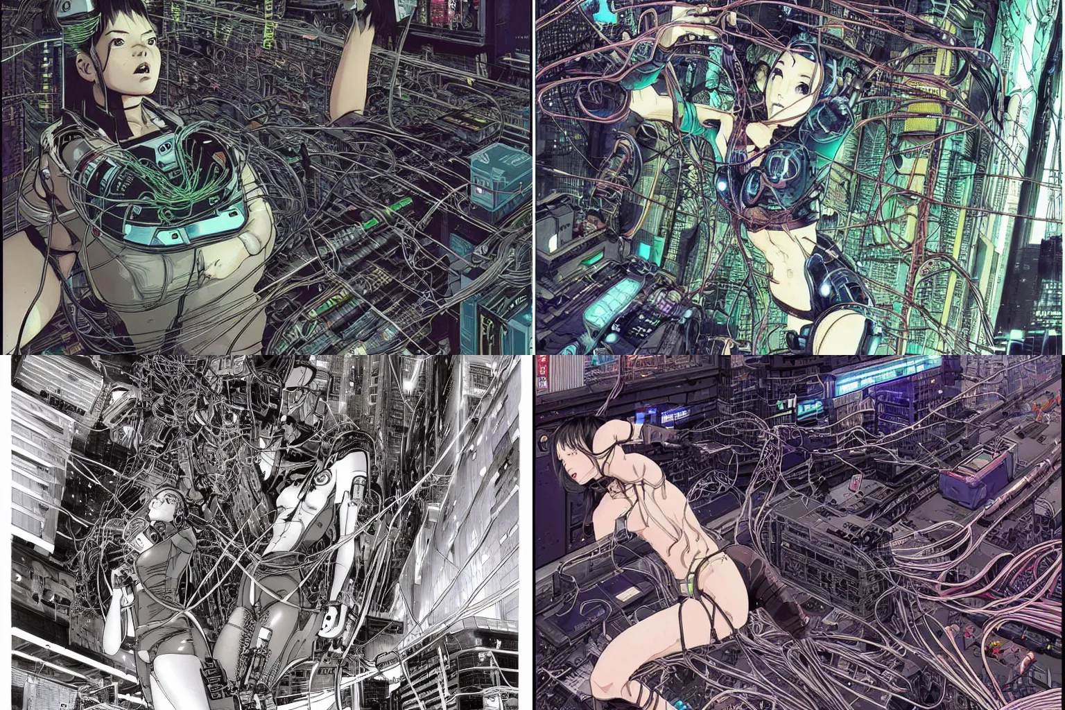 Image similar to an intricate, awe inspiring cyberpunk illustration of a female android body lying open on a labor floor, wires and cables coming out, by masamune shirow and katsuhiro otomo ((colorful)) (((super coherent)))