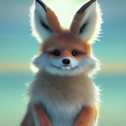 Prompt: a photorealistic adorable chubby charming but vicious fennic fox wolf rabbit hybrid, long fuzzy fur, with long floppy rabbit ears, wearing bows on the top of its head, grinning at the camera with a mischievous look, sharp teeth, happy lighting, at a tropical beach