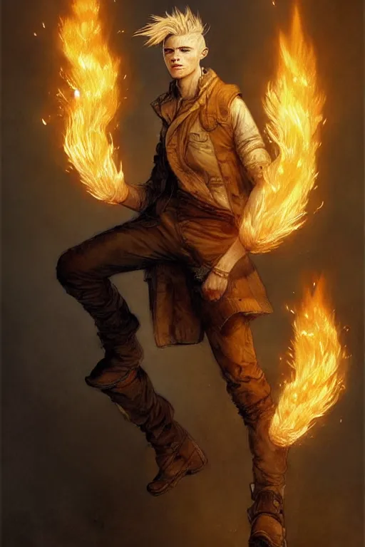 Image similar to character art by jean - baptiste monge, young man, blonde hair, on fire, fire powers