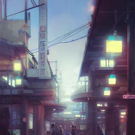 Image similar to i walked through streets around jr tachikawa and tama monorail stations, volumetric lighting, spring early morning, dew, nice weather, realistic illustration, perfectly shaded, soft painting, art by krenz cushart and wenjun lin