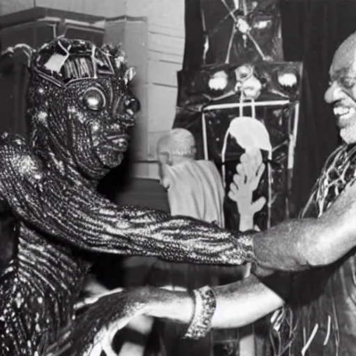 Image similar to sun ra shaking hands with a giant humanoid hairy spider